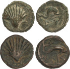 Lote 2 monedas Cuadrante. 170-20 a.C. ARSE (SAGUNTO, Valencia). AE. AB-2051 anverso tipo concha, reverso: delfín a derecha encima tres puntos, debajo ...
