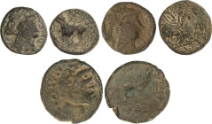 Lote 3 monedas Semis. 150-100 a.C. SISAPO (ALMADEN. Ciudad Real). Anv.: Cabeza masculina a derecha. Rev.: Caballo a derecha, detrás palma. 4,92, 6,77 ...
