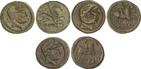 Lote 3 monedas As. 120-20 a.C. TITIACOS (TRICIO, La Rioja). Anv.: Cabeza barbada a derecha, detrás signo ibérico Ti. Similar con arte bárbaro. 6,50, 6...