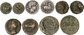 Lote 5 monedas. VARIAS CECAS. AE, AR (1). Denario Bolscan, 1/2 y 1/4 Calco Cartagonova, 1/4 Calco de Ebusus, As Secobirices. A EXAMINAR. BC a MBC.