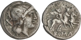 Denario. 200-190 a.C. ANÓNIMO. ROMA. Anv.: Cabeza de Roma con casco, detrás X. Rev.: Dióscuros a caballo a derecha. En exergo: ROMA. 3,44 grs. AR. (Pe...