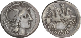 Denario. 200-190 a. C. ANÓNIMA. ROMA. Anv.: Cabeza de Roma a derecha, detrás X. Rev.: Dioscuros a caballo a derecha, debajo lechuza. En exergo ROMA en...