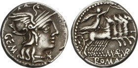 Denario. 132 a.C. ABURIA. Marcius Aburius M.F. Geminus. Anv.: Cabeza de Roma a derecha, detrás GEM. Rev.: Sol con látigo en cuadriga, debajo M. ABVRI....