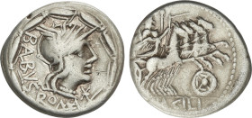 Denario. 125 a.C. ACILIA. Man. Acilius Balbus. Anv.: Cabeza de Roma a derecha, detrás BALBVS ROMA. Todo dentro de corona. Rev.: Júpiter en cuadriga a ...