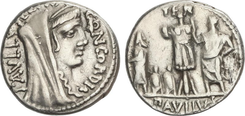 Denario. 62 a.C. AEMILIA. Paullus Aemilius Lepidus. Anv.: Cabeza velada y diadem...