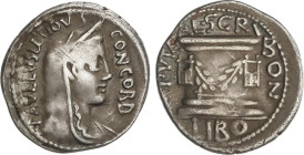 Denario. 62 a.C. AEMILIA. Paullus Aemilius Lepidus. Anv.: PAVLLVS LEPIDVS CONCORD. Cabeza velada y diademada de Concordia a derecha. Rev.: PVTEAL. SCR...