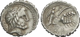 Denario. 83-82 a.C. ANTONIA. Q. Antonius Balbus. Anv.: S.C. Cabeza laureada de Júpiter a derecha. Rev.: Victoria en cuadriga a derecha, debajo B. En e...