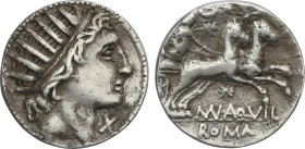 Denario. 109-108 a.C. AQUILIA. Man Aquillius. Anv.: Cabeza radiada del sol a derecha, X bajo la barbilla. Rev.: Diana en biga a derecha, debajo MN. AQ...