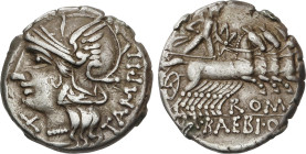 Denario. 137 a.C. BAEBIA. Marcius Baebius Q.f. Tampilus. Anv.: Cabeza de Roma a izquierda entre X y TAMPIL. Rev.: Apolo en cuadriga a derecha, debajo ...