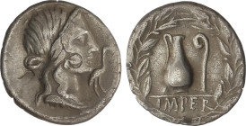 Denario. 81 a.C. CAECILIA. Q. Caecilius Metellus Pius. HISPANIA. 3,52 grs. AR. (Pátina, marcas de cambista en anverso). BMC-47; Cal-290; Craw-374/2; F...
