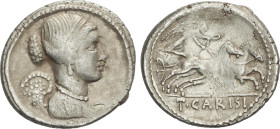 Denario. 46 a.C. CARISIA. T. Carisius. Anv.: Busto alado y diademado de Victoria a derecha. Rev.: Victoria en biga a derecha. En exergo: T.CARISI. 3,9...