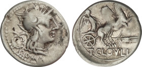 Denario. 128 a.C. CLOULIA. L. Cloelius. Anv.: Cabeza se Roma a derecha, detrás corona.Debajo ROMA. Rev.: Victoria en biga a derecha, debajo espiga. En...
