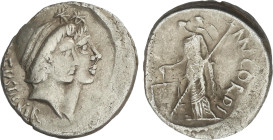 Denario. 46 a.C. CORDIA. Manius Cordius Rufus. Anv.: Dióscuros a derecha. RVFVS III. VIR. Rev.: Venus Verticordia con balanza y cetro MN. (nexadas) CO...