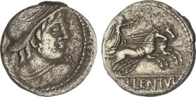 Denario. 88 a.C. CORNELIA.  Cn. Cornelius Lentulus Marcellinus. Anv.: Busto de Marte a derecha con lanza al hombro. Rev.: Victoria con corona en biga ...