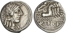 Denario. 123 a.C. FANNIA. Marcius Fannius C. f. Anv.: Cabeza de Roma a derecha entre ROMA y X. Rev.: Victoria en cuadriga a derecha. En exergo: M. FAN...