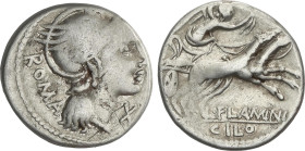 Denario. 109-108 a.C. FLAMINIA. Lucius Flaminius Cilo. Anv.: Cabeza de Roma a derecha, delante X, detrás ROMA. Rev.: Victoria con corona, en biga a de...