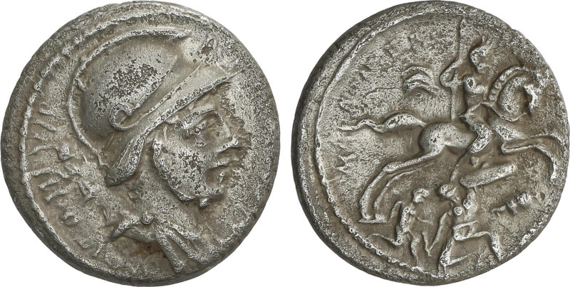 Denario. 55 a.C. FONTEIA. P. Fonteius P.f. Capito. Anv.: Busto de Marte a derech...