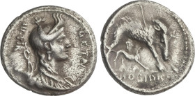 Denario. 68 a.C. HOSIDIA. C. Hosidius C.f.Geta. Anv.: Busto de Diana con arco y carcaj a derecha. GETA-III VIR. Rev.: Jabalí a derecha, atravesado por...