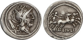 Denario. 101 a.C. JULIA. L. Julius. Anv.: Cabeza de Roma a derecha, detrás espiga. Rev.: Victoria en biga a derecha, debajo L. IVLI. 3,78 grs. AR. Mar...