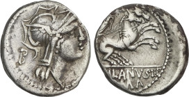 Denario. 91 a.C. JUNIA. D. Junius Silanus L.f. Anv.: Cabeza de Roma a derecha, detrás letra B. Rev.: Victoria en biga a derecha, encima número. En exe...