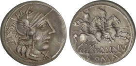 Denario. 122 a.C. MINUCIA. Q. Minucius Rufus. Anv.: Cabeza de Roma a derecha, entre RUF y X. Rev.: Dióscuros a caballo a derecha, debajo Q. MINV. En e...