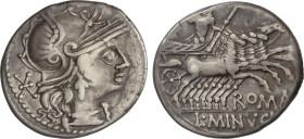 Denario. 133 a.C. MINUCIA. L. Minucius Thermus. Anv.: Cabeza de Roma a derecha, detrás *. Rev.: Júpiter en cuadriga a derecha, debajo ROMA. En exergo ...