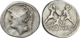 Denario. 103 a.C. MINUCIA. Q. Minucius Thermus M.f. Anv.: Cabeza de Marte a izquierda. Rev.: Tres soldados combatiendo. En exergo Q. THERM. M.F. (THE ...