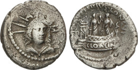 Denario. 42 a.C. MUSSIDIA. L. Mussidius Longus. Anv.: Cabeza del Sol radiada de frente. Rev.: L. MVSSIDIVS LONGVS-CLOACIN. 3,56 grs. AR. BMC-4248; Cal...