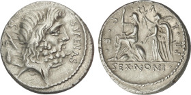 Denario. 59 a.C. NONIA. M. Nonius Sufenas. Anv.: Cabeza de Saturno a derecha entre SC y SVFENAS. Rev.: Roma sentada a izquierda coronada por Victoria ...