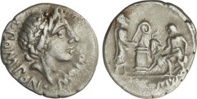 Denario. 97 a.C. POMPONIA-6. L. Pomponius Molo. Anv.: L. POMPON. MOLO. Cabeza laureada de Apolo a derecha. Rev.: (NVMA. P)OMPIL. Numa con lituo prestá...