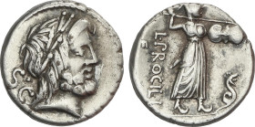 Denario. 80 a.C. PROCILIA. L. Procilius f. Anv.: Cabeza de Júpiter a derecha, detrás SC. Rev.: Juno Sospita a derecha con escudo y lanza, delante serp...