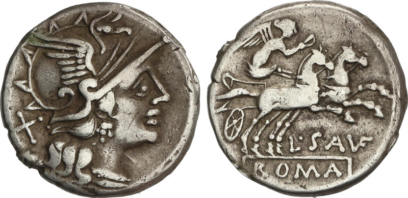 Denario. 152 a.C. SAUFEIA. L. Saufeius. Anv.: Cabeza de Roma a derecha, detrás X...