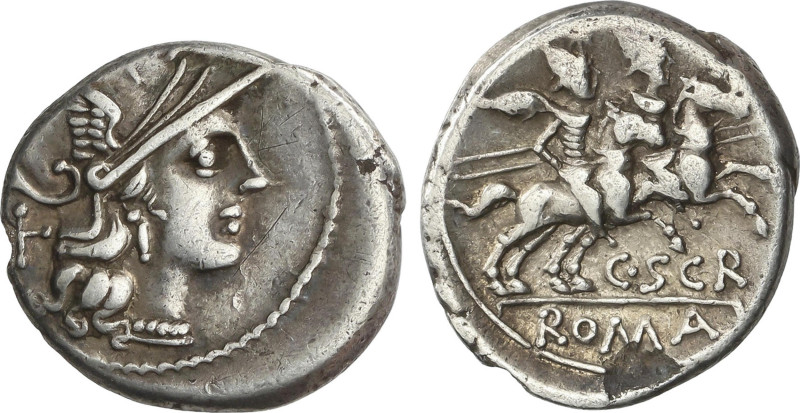 Denario. 154 a.C. SCRIBONIA. C. Scribonius Curio. Anv.: Cabeza de Roma a derecha...