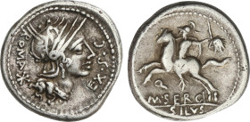 Denario. 116-115 a.C. SERGIA. M. Sergius Silus. Anv.: Cabeza de Roma a derecha, entre ROMA / * y EX S. C. Rev.:  Jinete a izquierda, detrás cabeza de ...