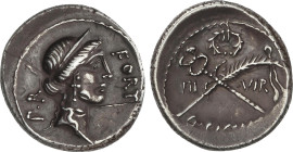 Denario. 49 a.C. SICINIA. Q. Sicinius. Anv.: Cabeza de Fortuna a derecha entre P.R. y FORT. Rev.: Caduceo alado y palma cruzados entre III-VIR y coron...