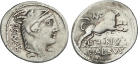 Denario. 105 a.C. THORIA. L. Thurius Balbus. Anv.: Cabeza de Juno Sospita a derecha cubierta con piel de cabra I.S.M.R. Rev.: Toro a derecha nentre N ...