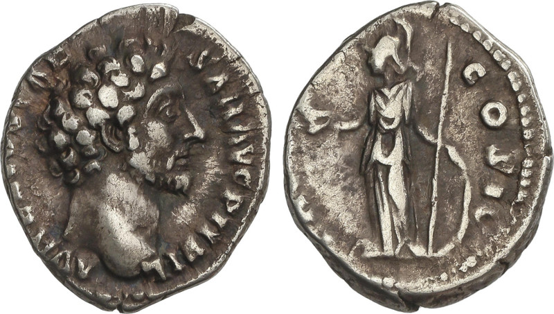 Denario. Acuñada el 149-156 d.C. MARCO AURELIO. Anv.: AURELIVS CAESAR AVG. PII. ...