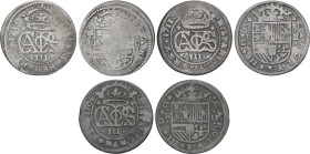Lote 3 monedas 2 Reales. 1709, 1711 y 1714. BARCELONA. A EXAMINAR. AC-30, 32, 37. BC a MBC-.