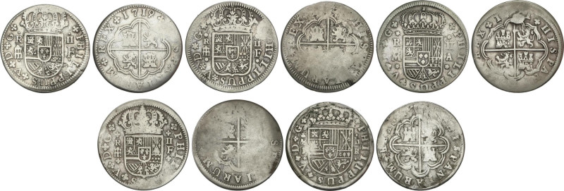 Lote 5 monedas 2 Reales. MADRID (2) y SEGOVIA (3). Solo una fecha visible 1719-F...