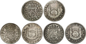 Lote 3 monedas 2 Reales. 1739, 1743 y 1745. MÉXICO. Columnarios. 1739 M.F., 1743 M. y 1745 M. A EXAMINAR. AC-821, 829, 833. BC+ a MBC-.