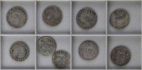 Lote 9 monedas 2 Reales. 1718 a 1733. CUENCA, MADRID (3), SEGOVIA (3) y SEVILLA (2). Todas fechas diferentes. A EXAMINAR. BC+ a MBC+.
