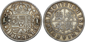 4 Reales. 1761. SEVILLA. J.V. 13,12 grs. Sobredorada. (Restos de soldadura en anverso). AC-977. MBC.