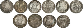 Lote 5 monedas 8 Reales. 1772 a 1788. MÉXICO. 1772 M.F. (Ensayadores invertidos), 1780 F.F., 1787 F.M. y 1788 F.M. (2). (Una con resellos chinos y otr...