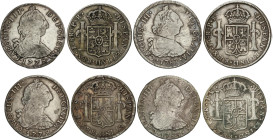Lote 4 monedas 8 Reales. 1778, 1779, 1785 y 1787. POTOSÍ. P.R. A EXAMINAR. AC-1175, 1176, 1189, 1193. BC+ a MBC-.