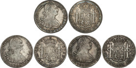 Lote 3 monedas 8 Reales. 1793, 1794 y 1798. LIMA. I.J. Todas con pátina. A EXAMINAR. AC-909, 910, 916. MBC- a MBC.