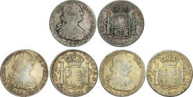 Lote 3 monedas 8 Reales. 1801, 1802 y 1803. LIMA. I.J. (2) y J.P. (Dos monedas sobredoradas). A EXAMINAR. AC-919, 920, 923. BC+ a MBC-.