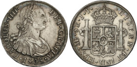8 Reales. 1805. LIMA. J.P. 26,49 grs. (Oxidaciones limpiadas). AC-925. MBC+.