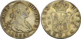 8 Reales. 1805. MADRID. F.A. 26,83 grs. Sobredorada. (Golpecitos). AC-943. MBC+.