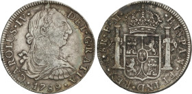8 Reales. 1789. MÉXICO. F.M. 26,76 grs. Busto de Carlos III. Ordinal IV. Pátina. (Pequeñas oxidaciones y rayitas). ESCASA. AC-950. MBC-.