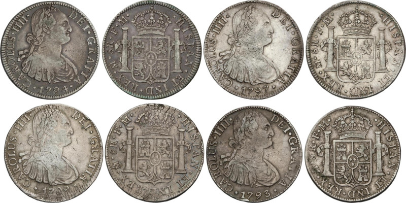 Lote 4 monedas 8 Reales. 1793, 1794, 1797 y 1799. MÉXICO. F.M. A EXAMINAR. AC-95...